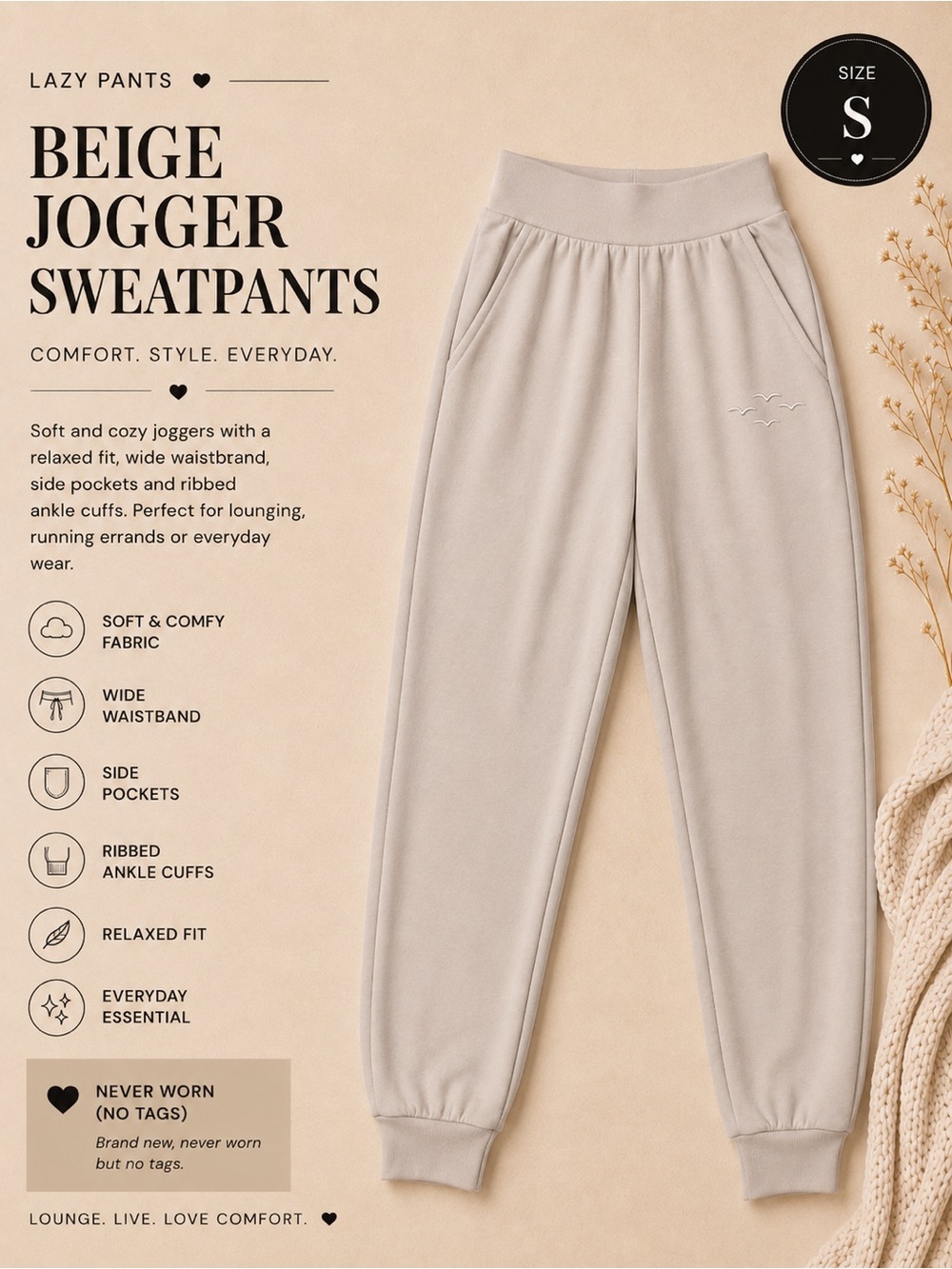 Lazy Pants Beige Jogger Sweatpants | Size S | Soft Lounge Athleisure | New